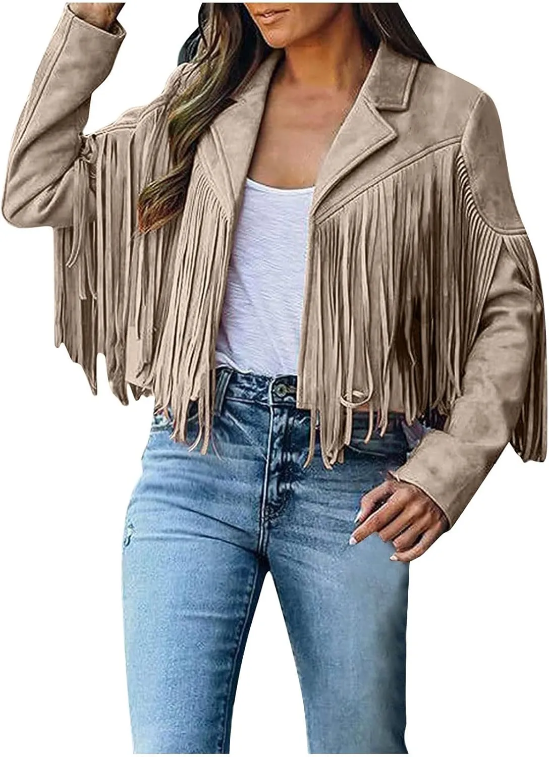 Women's Leather Jacket Faux Suede Fringe Jacket Fall Long Sleeve Lapel Vintage Coats Open Front Tassel Cardigan