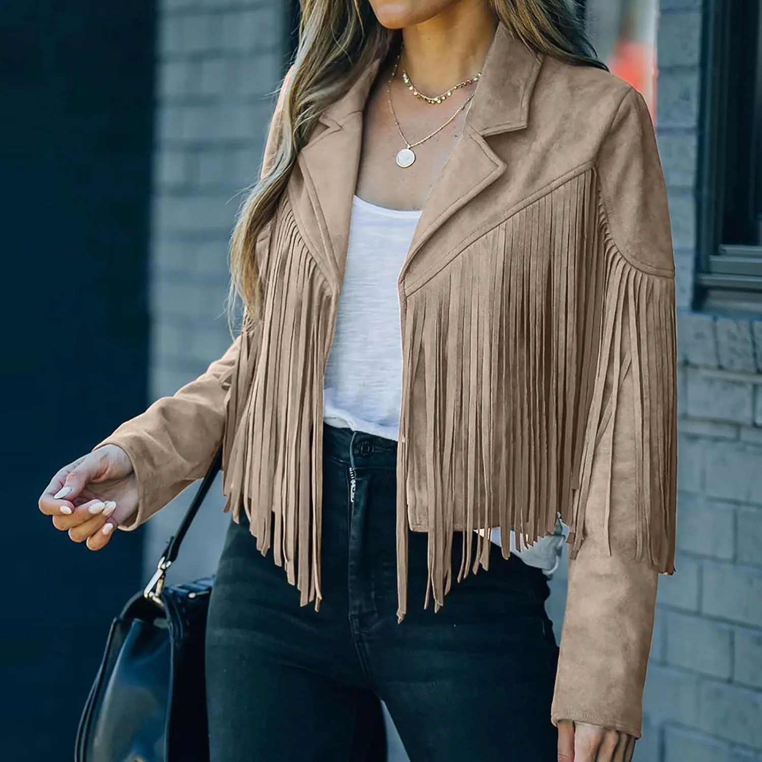 Women's Leather Jacket Faux Suede Fringe Jacket Fall Long Sleeve Lapel Vintage Coats Open Front Tassel Cardigan