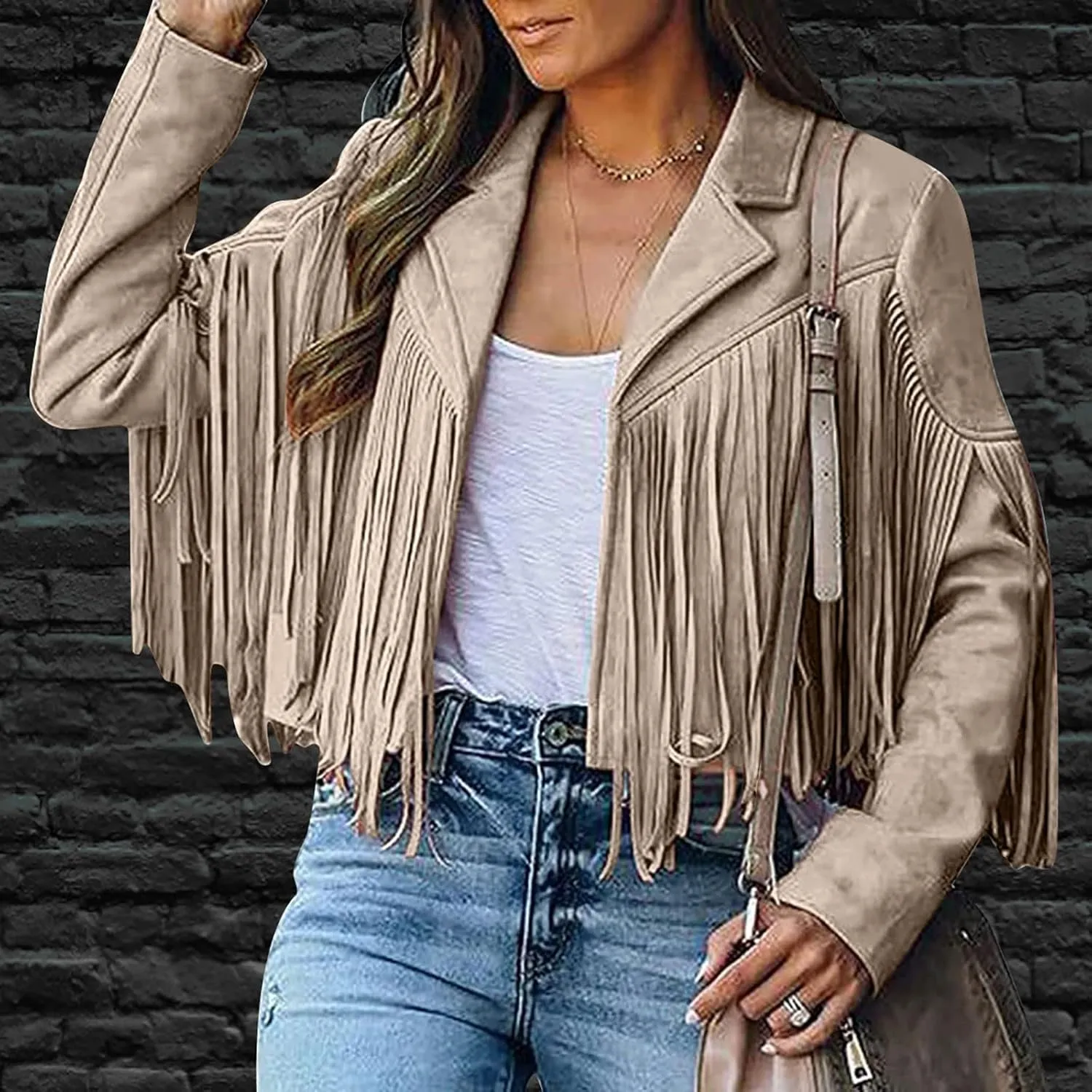 Women's Leather Jacket Faux Suede Fringe Jacket Fall Long Sleeve Lapel Vintage Coats Open Front Tassel Cardigan