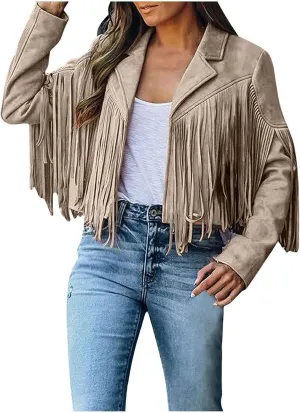 Women's Leather Jacket Faux Suede Fringe Jacket Fall Long Sleeve Lapel Vintage Coats Open Front Tassel Cardigan