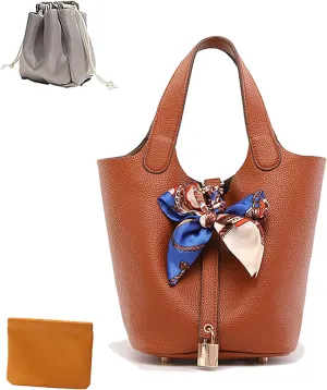 Women's Leather Lock Design Bucket Bag Vegetable Basket, Fashion Lightweight Versatile Shoulder Handbag