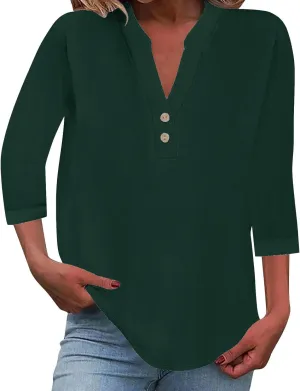 Womens Linen Shirts 3/4 Length Sleeve Casual Dressy Blouses Lightweight Gauze Boho Beach T Shirts Loose Tunic Tops