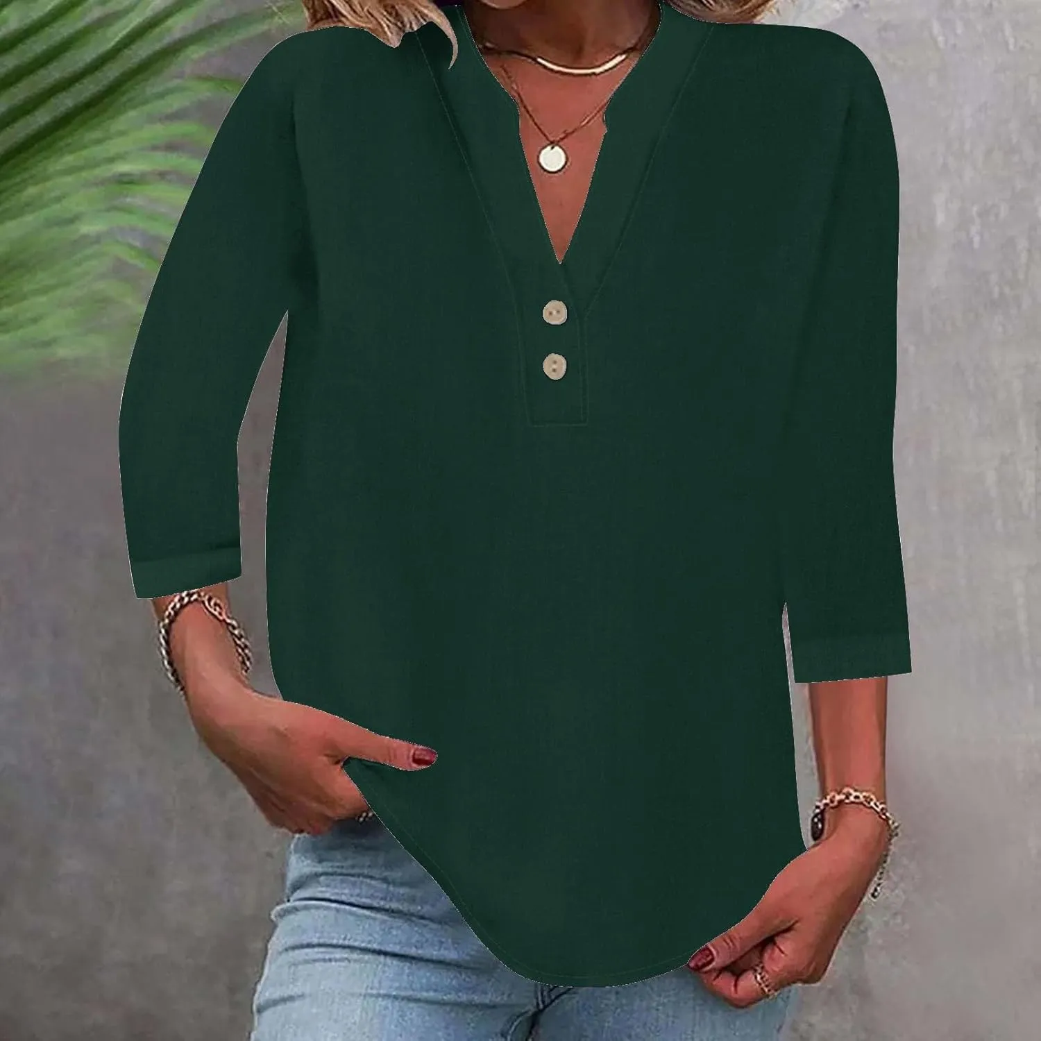 Womens Linen Shirts 3/4 Length Sleeve Casual Dressy Blouses Lightweight Gauze Boho Beach T Shirts Loose Tunic Tops