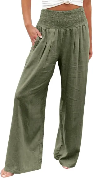 Womens Linen Wide Leg Pants Loose Drawsting Pull On Straight Leg Black Beach Flowy Harem Yoga Cropped Trousers with Pockets