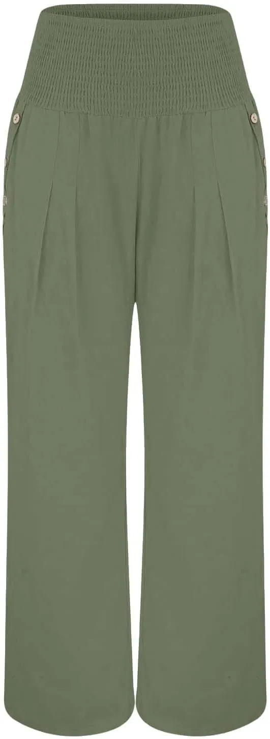 Womens Linen Wide Leg Pants Loose Drawsting Pull On Straight Leg Black Beach Flowy Harem Yoga Cropped Trousers with Pockets