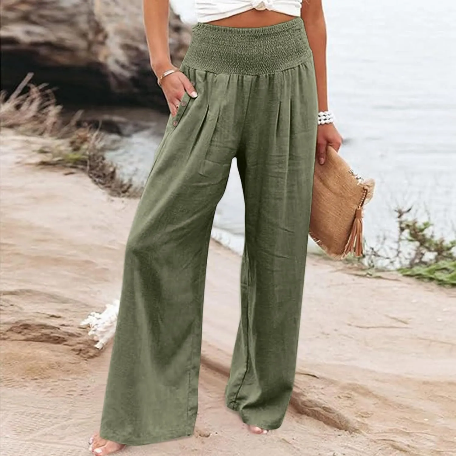 Womens Linen Wide Leg Pants Loose Drawsting Pull On Straight Leg Black Beach Flowy Harem Yoga Cropped Trousers with Pockets
