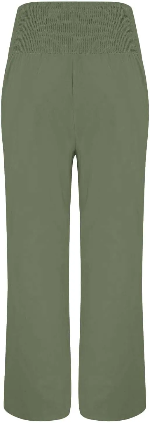 Womens Linen Wide Leg Pants Loose Drawsting Pull On Straight Leg Black Beach Flowy Harem Yoga Cropped Trousers with Pockets