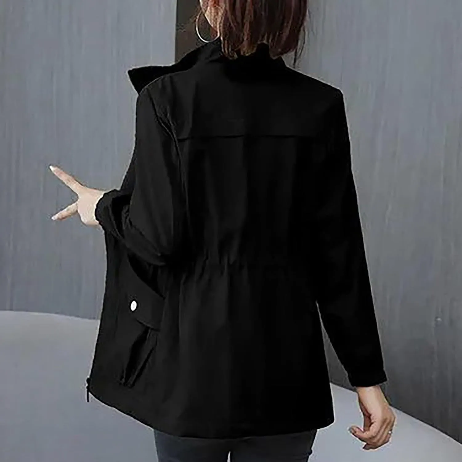Women's Long Sleeve Fashion Solid Color Zipper Waist Slimming Mid Length Windbreaker Casual Jacket Outerwear Womens Coat