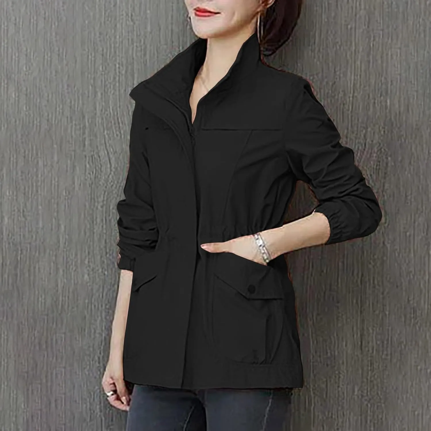 Women's Long Sleeve Fashion Solid Color Zipper Waist Slimming Mid Length Windbreaker Casual Jacket Outerwear Womens Coat