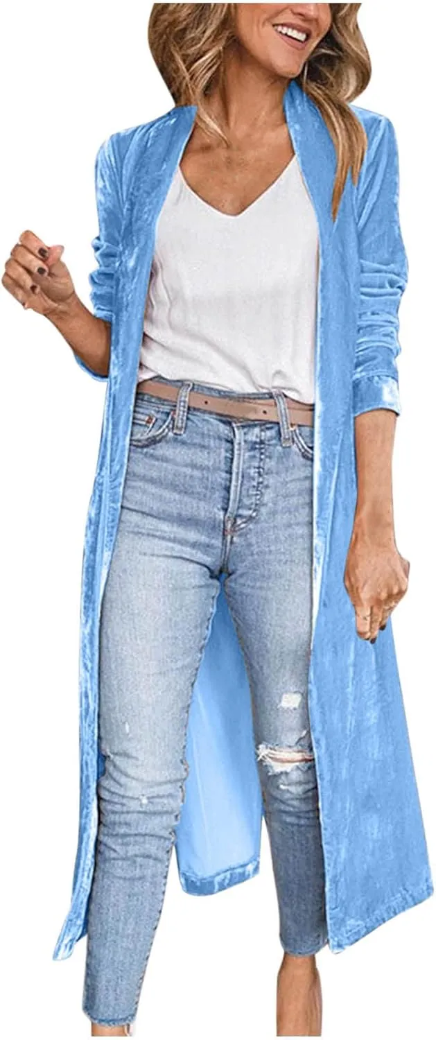 Womens Long Sleeve Velvet Cardigan Jacket Open Front Flowy Long Trench Coat with Pockets Lightweight Spring Outerwear
