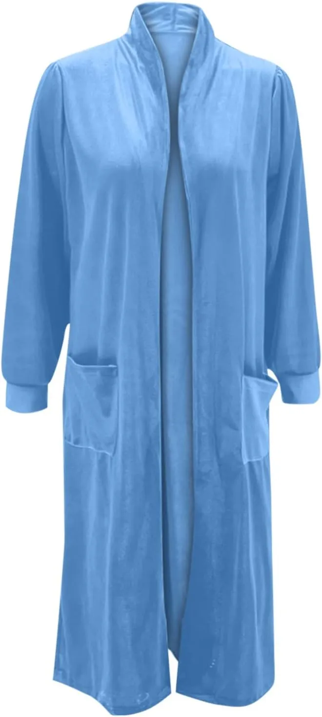 Womens Long Sleeve Velvet Cardigan Jacket Open Front Flowy Long Trench Coat with Pockets Lightweight Spring Outerwear