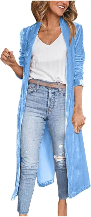 Womens Long Sleeve Velvet Cardigan Jacket Open Front Flowy Long Trench Coat with Pockets Lightweight Spring Outerwear