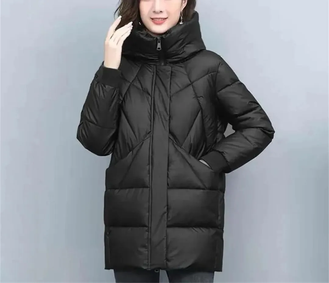 Women's Mid-Length Jackets Winter Thick Down Padded Jacket Vintage Hooded Cotton Coat