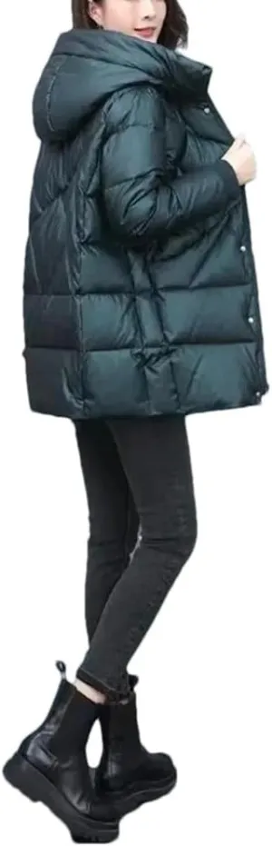 Women's Mid-Length Jackets Winter Thick Down Padded Jacket Vintage Hooded Cotton Coat
