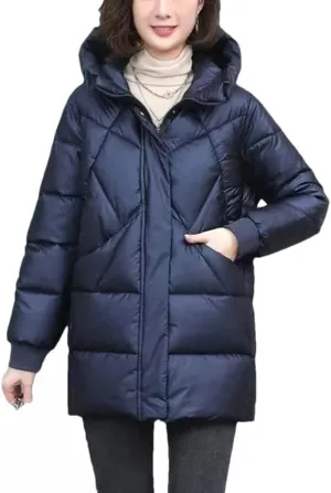 Women's Mid-Length Jackets Winter Thick Down Padded Jacket Vintage Hooded Cotton Coat