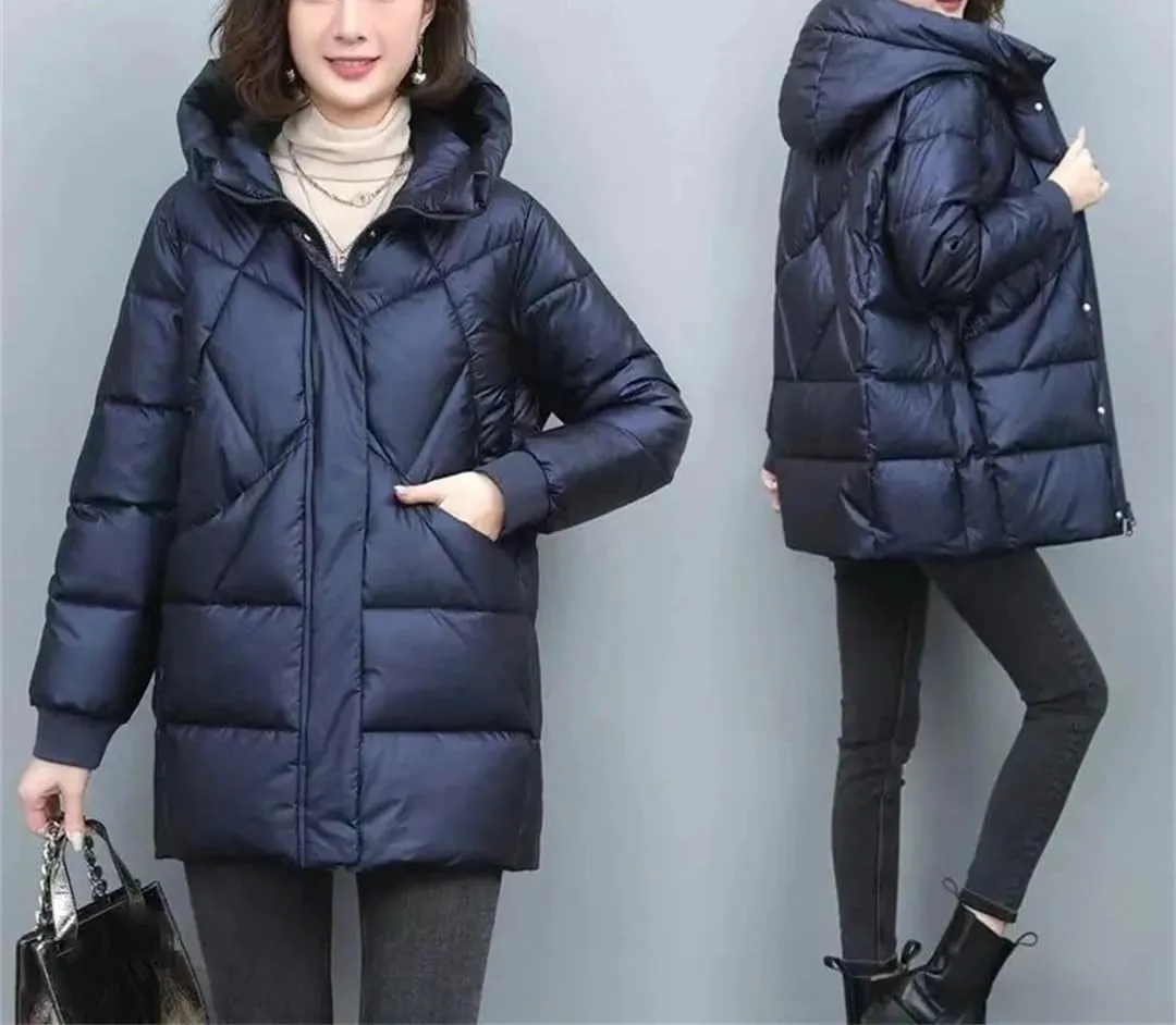 Women's Mid-Length Jackets Winter Thick Down Padded Jacket Vintage Hooded Cotton Coat
