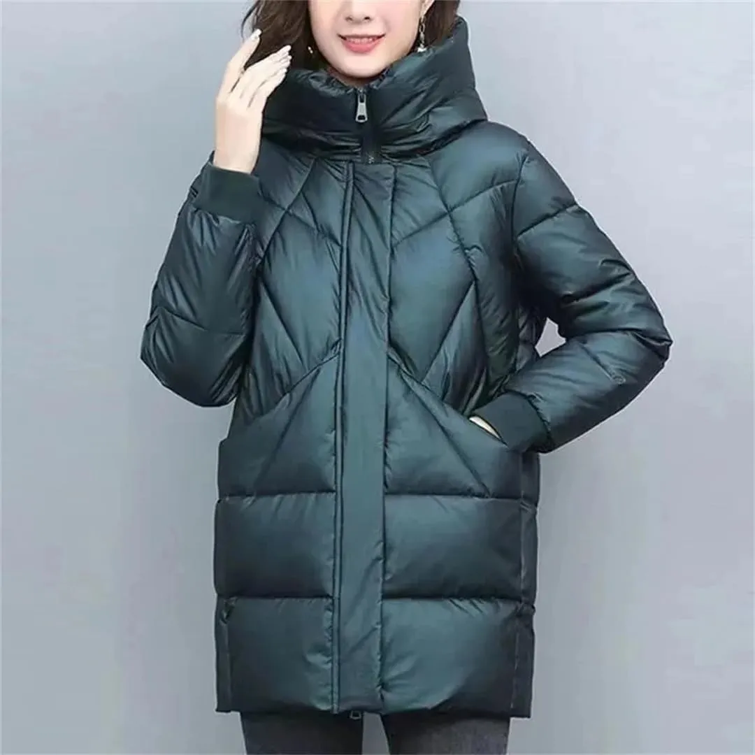 Women's Mid-Length Jackets Winter Thick Down Padded Jacket Vintage Hooded Cotton Coat