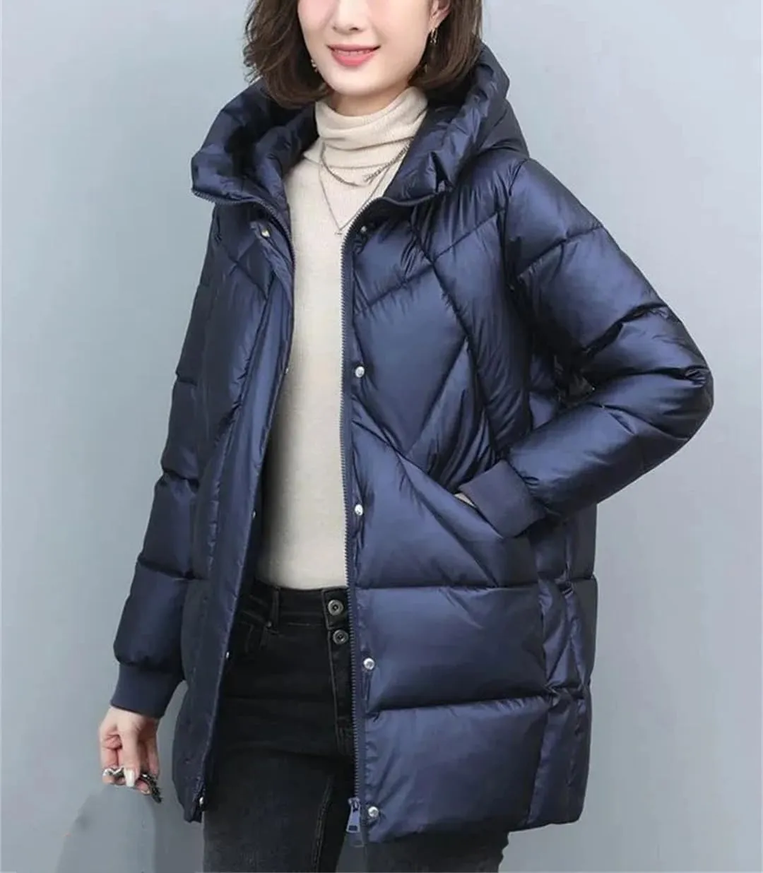 Women's Mid-Length Jackets Winter Thick Down Padded Jacket Vintage Hooded Cotton Coat