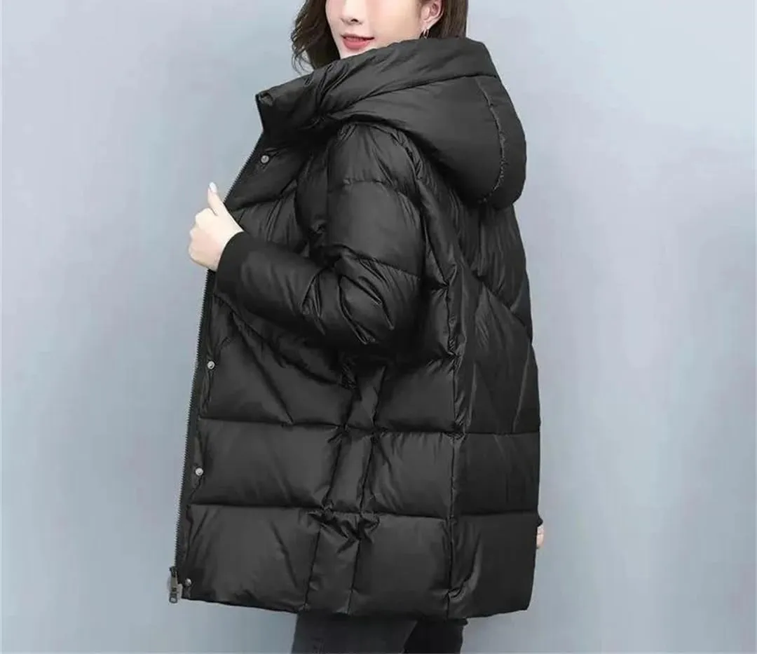 Women's Mid-Length Jackets Winter Thick Down Padded Jacket Vintage Hooded Cotton Coat