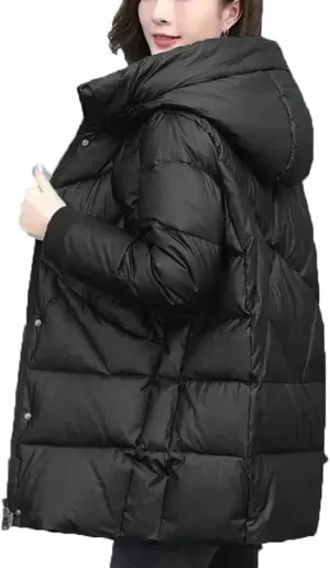 Women's Mid-Length Jackets Winter Thick Down Padded Jacket Vintage Hooded Cotton Coat