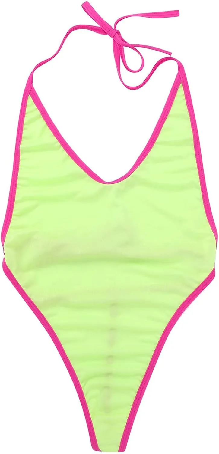 Women's Monokini One Piece Thong Swimsuit Halterneck Backless High Cut Bathing Suit