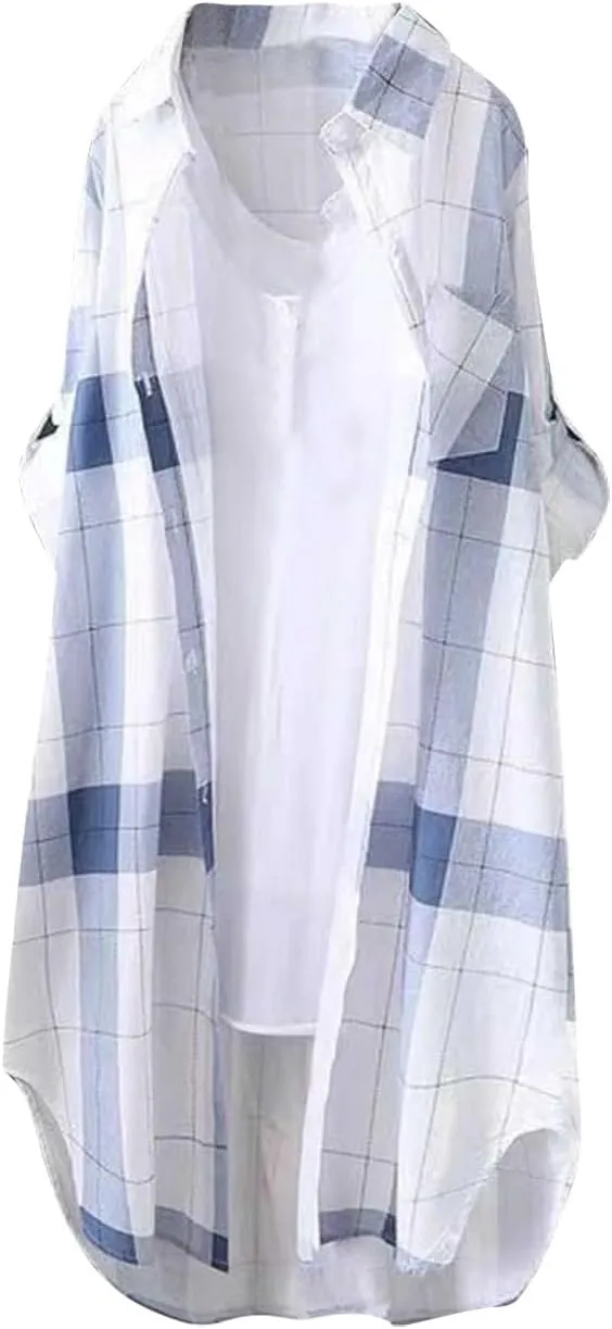 Womens Oversized Button Down Plaid Shacket Shirt with Pockets Roll Up Long Sleeve Casual Boyfriend Tunic Blouse Top