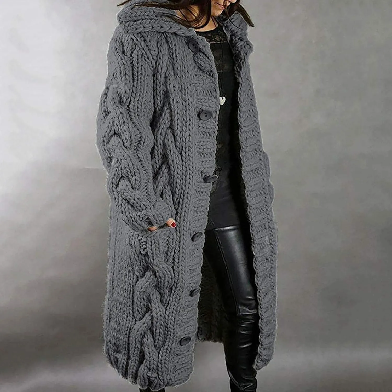 Women's Oversized Open Front Long Sleeve Cardigan Chunky Knit Sweaters Winter Open Front with Pockets Knit Sweater Tops