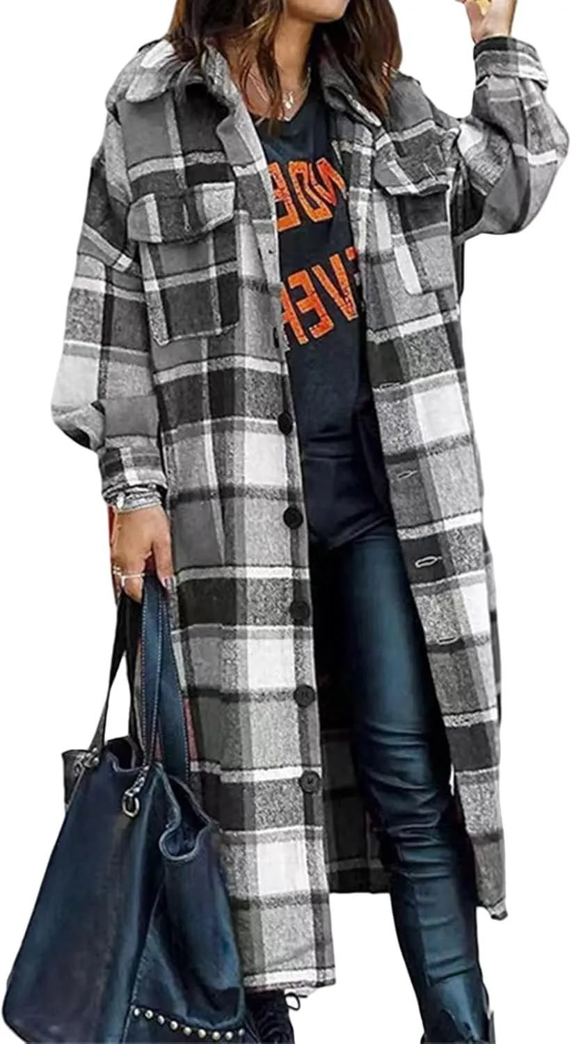 Womens Oversized Plaid Flannel Shirt Lightweight Button Down Long Shacket Jacket Casual Long Sleeve Trench Coats
