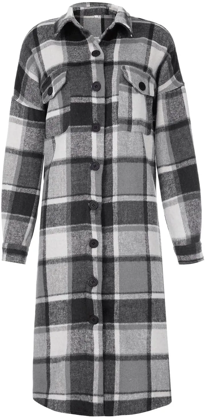 Womens Oversized Plaid Flannel Shirt Lightweight Button Down Long Shacket Jacket Casual Long Sleeve Trench Coats