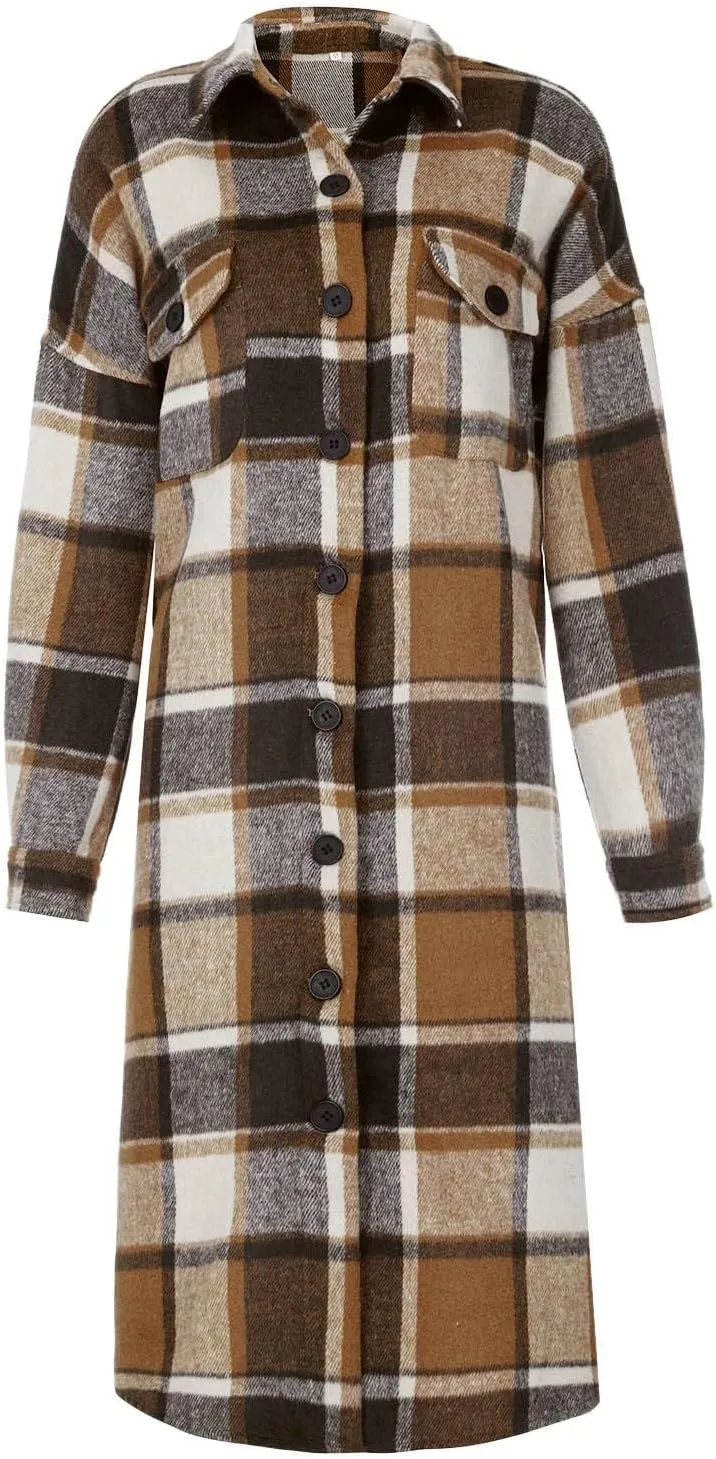 Womens Oversized Plaid Flannel Shirt Lightweight Button Down Long Shacket Jacket Casual Long Sleeve Trench Coats