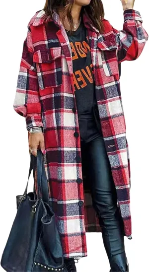 Womens Oversized Plaid Flannel Shirt Lightweight Button Down Long Shacket Jacket Casual Long Sleeve Trench Coats