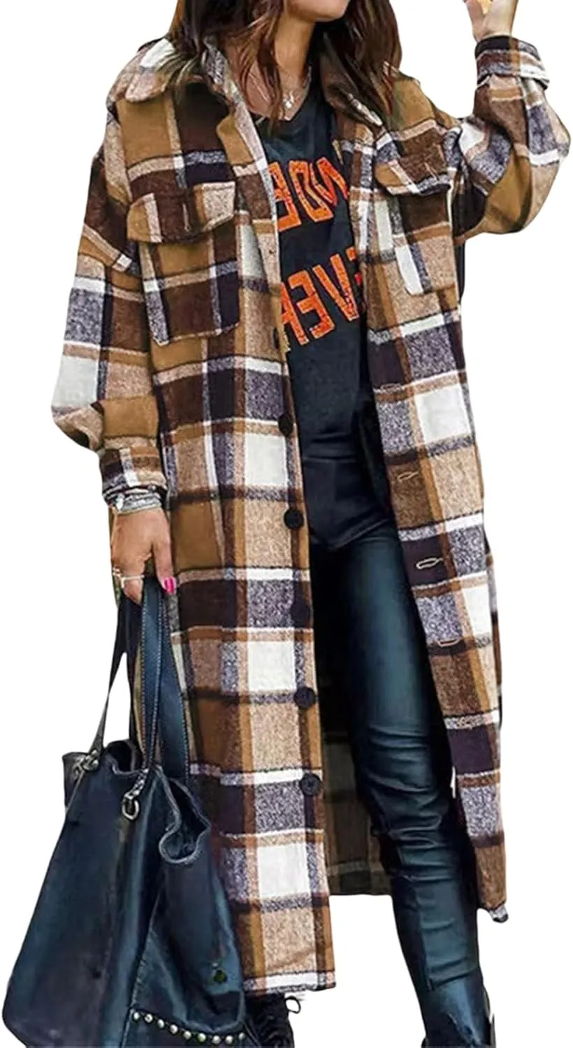 Womens Oversized Plaid Flannel Shirt Lightweight Button Down Long Shacket Jacket Casual Long Sleeve Trench Coats