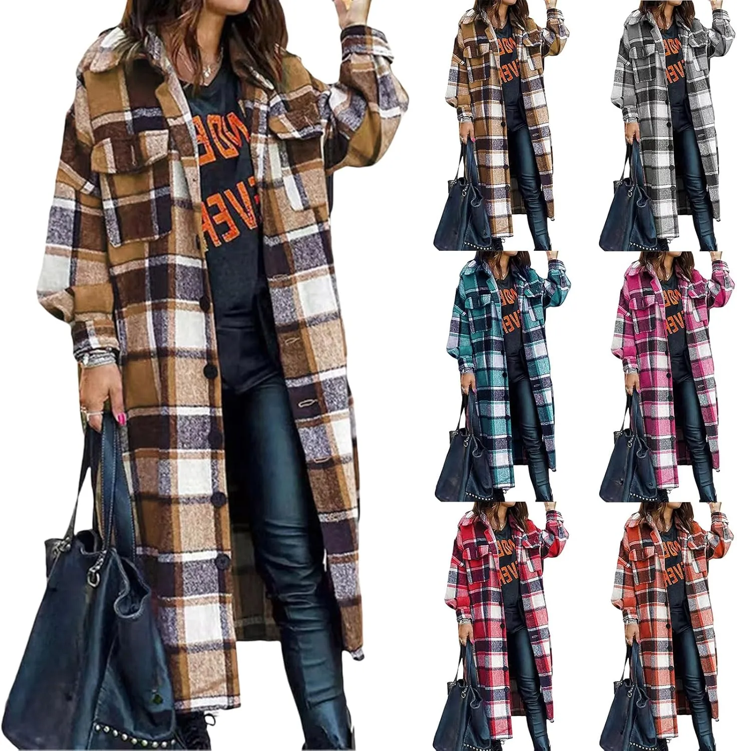 Womens Oversized Plaid Flannel Shirt Lightweight Button Down Long Shacket Jacket Casual Long Sleeve Trench Coats