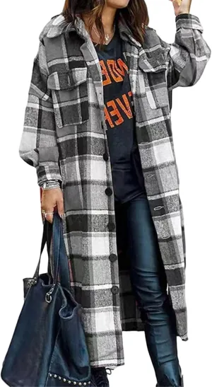 Womens Oversized Plaid Flannel Shirt Lightweight Button Down Long Shacket Jacket Casual Long Sleeve Trench Coats
