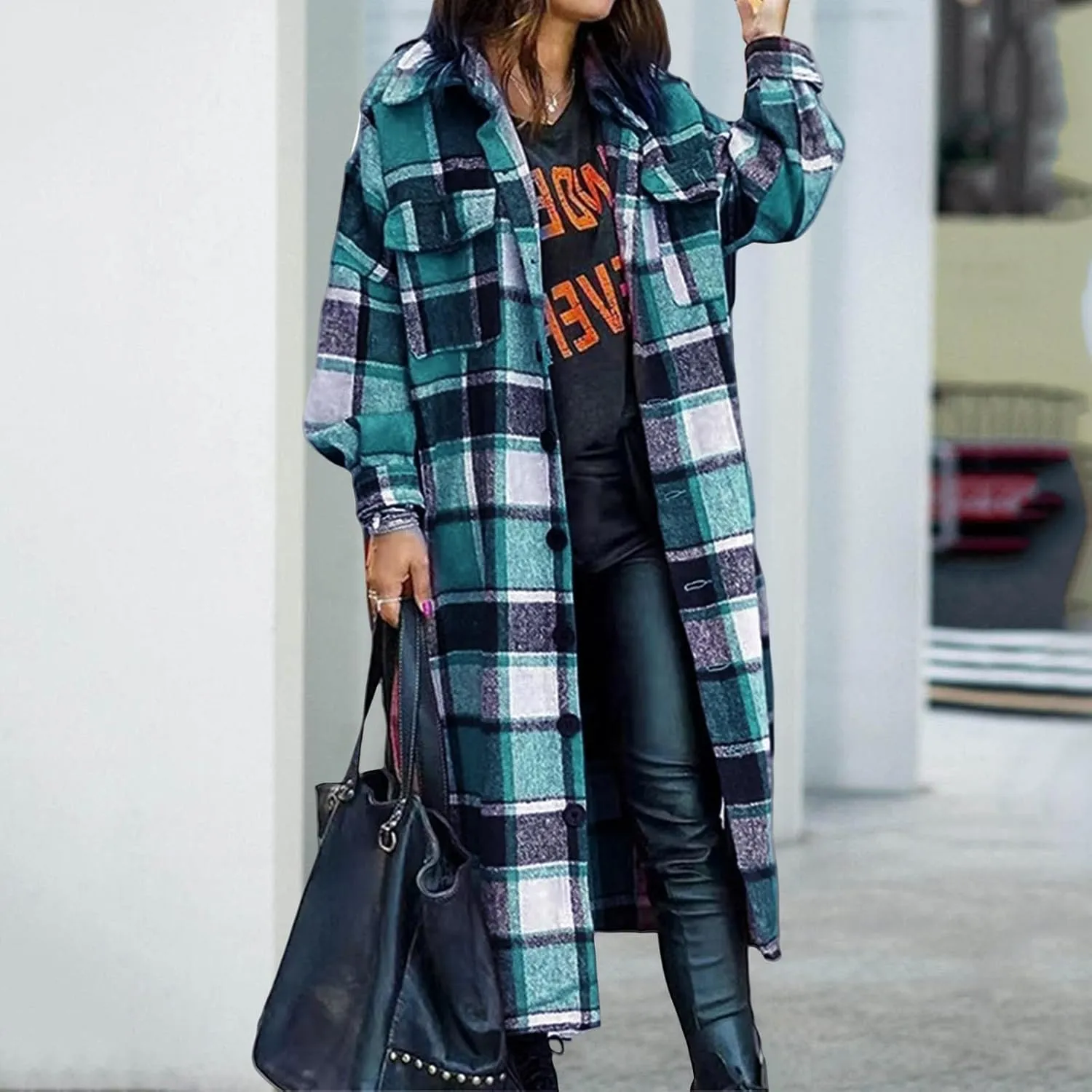 Womens Oversized Plaid Flannel Shirt Lightweight Button Down Long Shacket Jacket Casual Long Sleeve Trench Coats