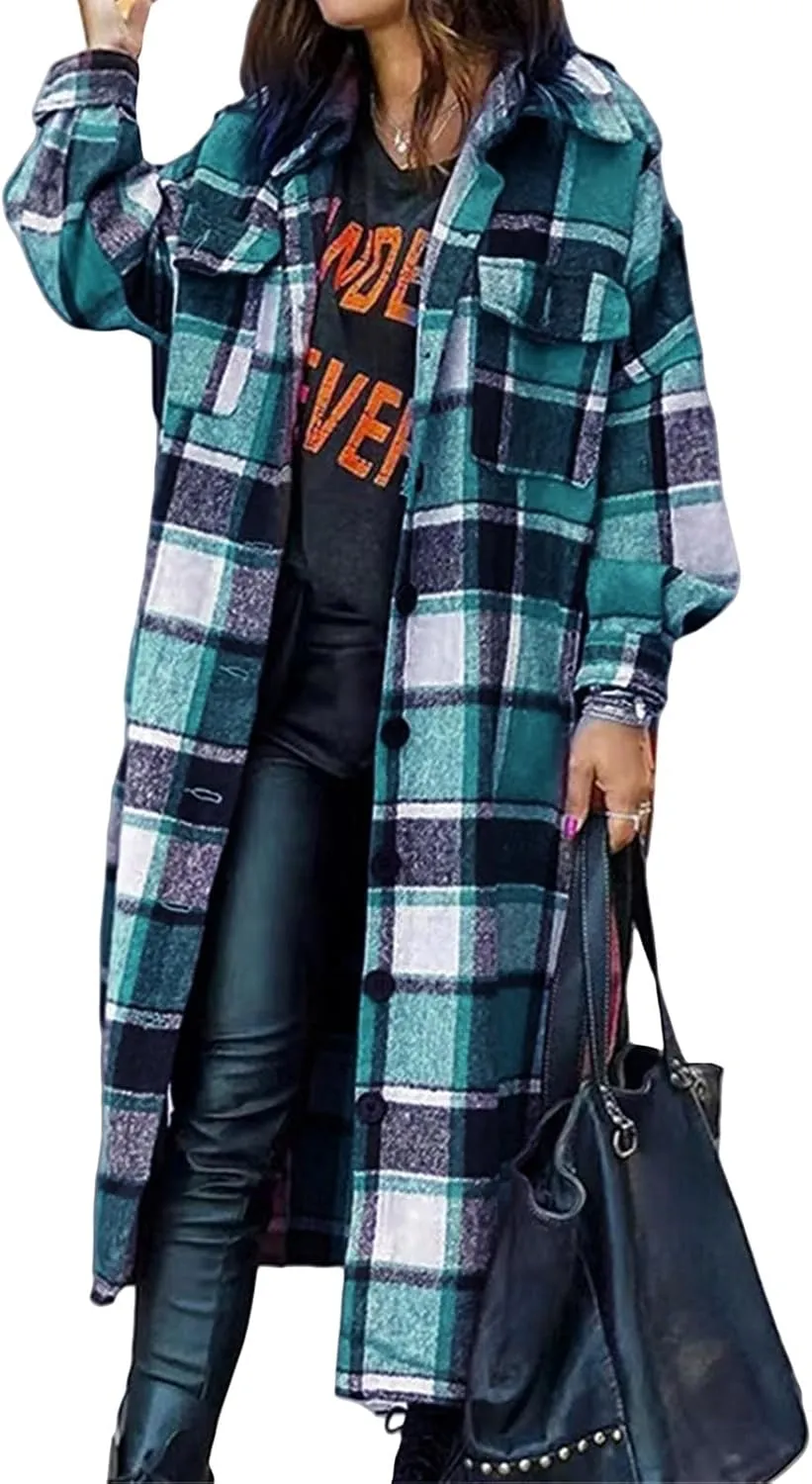 Womens Oversized Plaid Flannel Shirt Lightweight Button Down Long Shacket Jacket Casual Long Sleeve Trench Coats