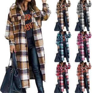 Womens Oversized Plaid Flannel Shirt Lightweight Button Down Long Shacket Jacket Casual Long Sleeve Trench Coats