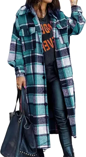Womens Oversized Plaid Flannel Shirt Lightweight Button Down Long Shacket Jacket Casual Long Sleeve Trench Coats