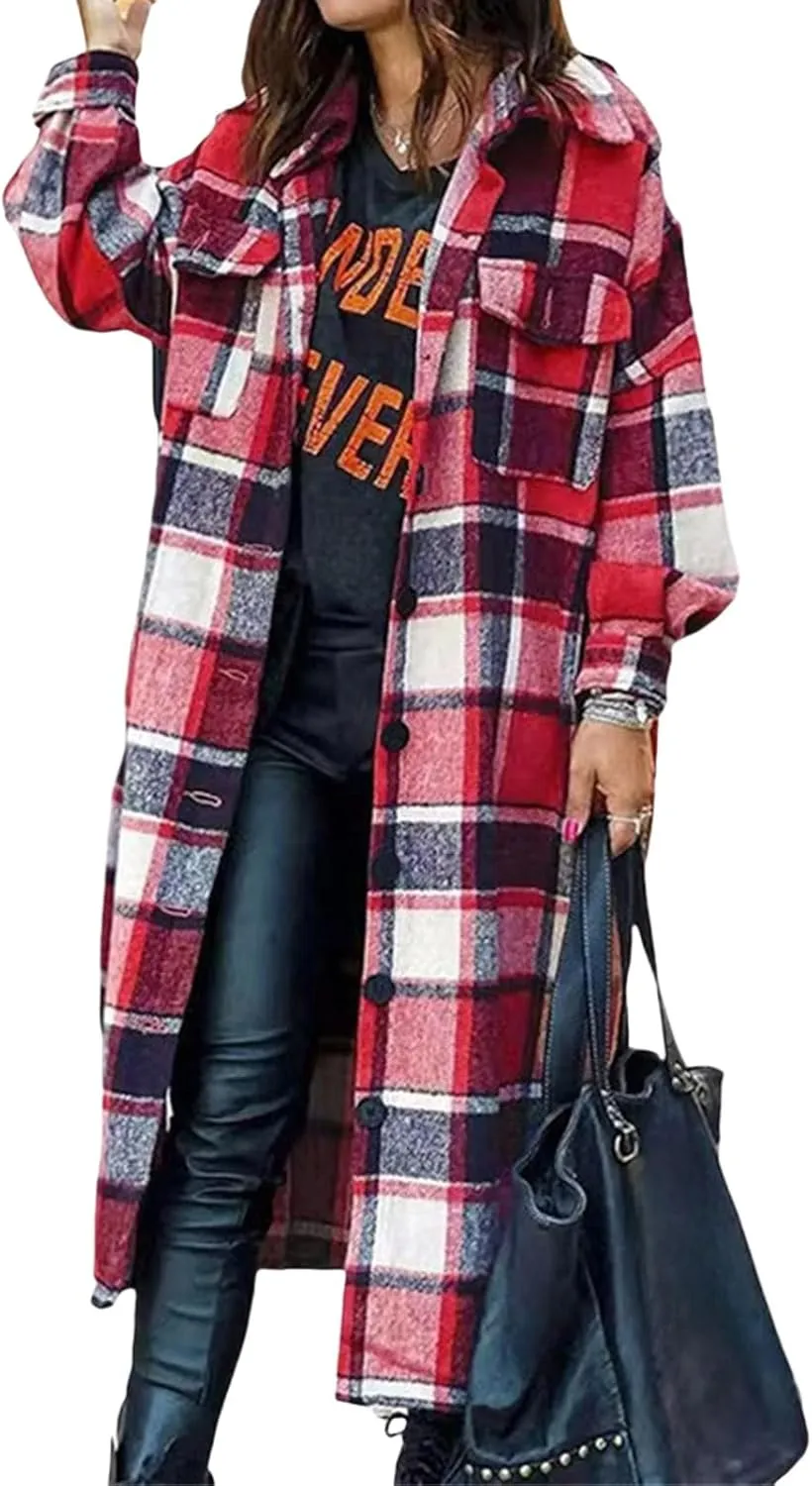 Womens Oversized Plaid Flannel Shirt Lightweight Button Down Long Shacket Jacket Casual Long Sleeve Trench Coats