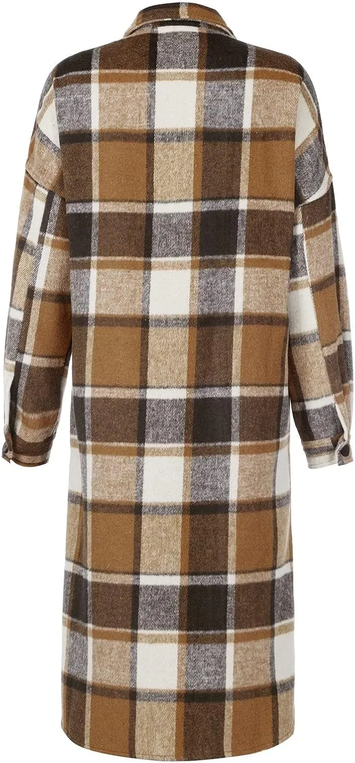Womens Oversized Plaid Flannel Shirt Lightweight Button Down Long Shacket Jacket Casual Long Sleeve Trench Coats