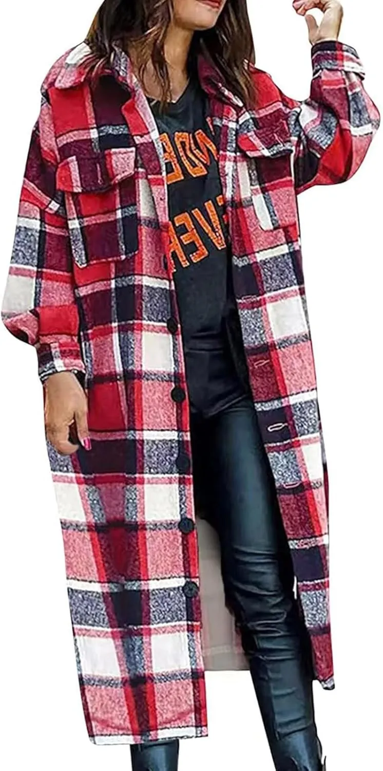Womens Oversized Plaid Flannel Shirt Lightweight Button Down Long Shacket Jacket Casual Long Sleeve Trench Coats