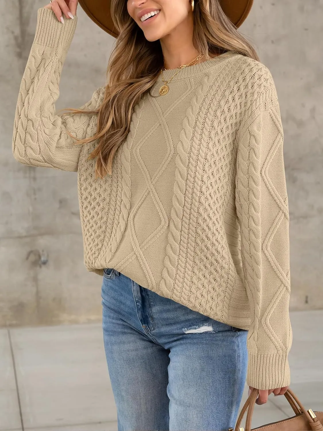 Womens Oversized Sweaters Crewneck Long Sleeve Casual Loose Pullover Sweater Cable Knit Vintage Tops
