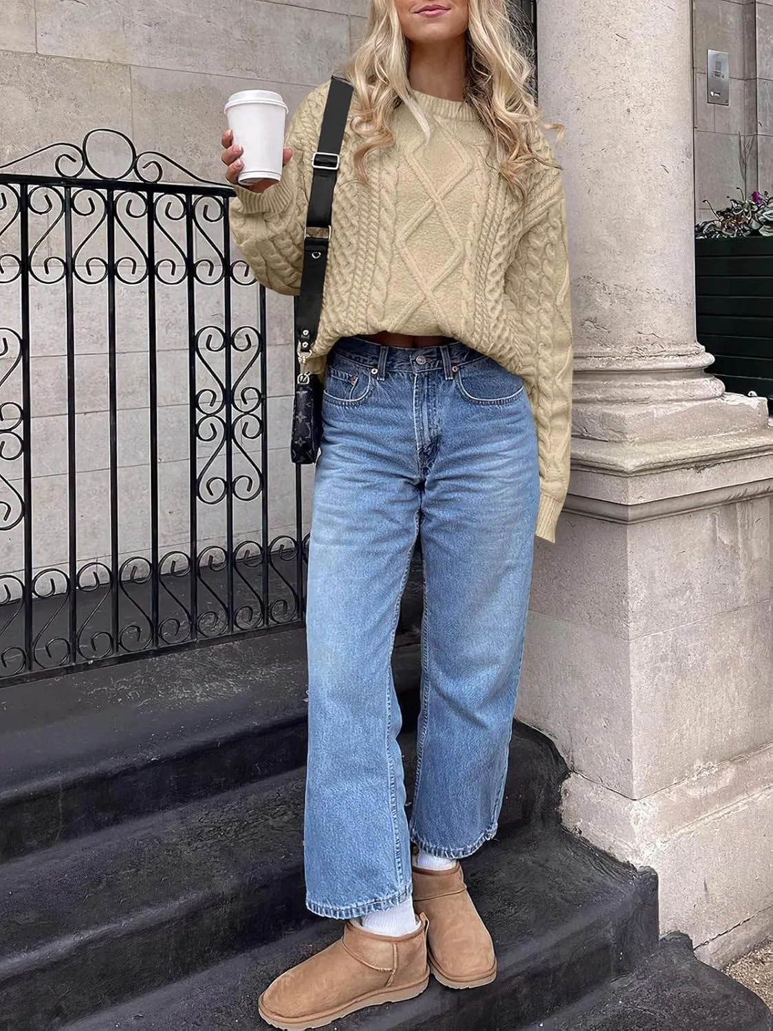 Womens Oversized Sweaters Crewneck Long Sleeve Casual Loose Pullover Sweater Cable Knit Vintage Tops