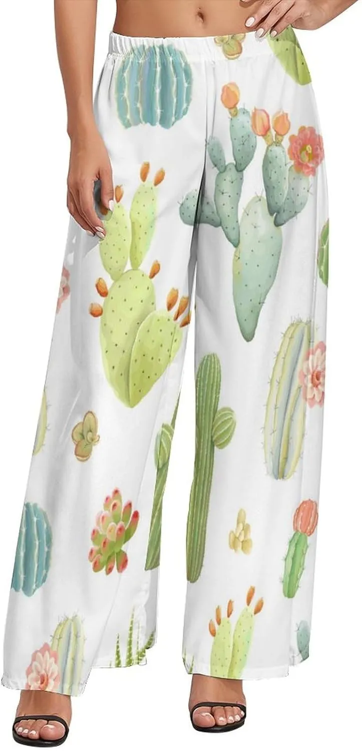 Women's Pants Elastic High Waisted Watercolor Cactus Flowers Palazzo Casual Wide Leg Dress Pants for Women
