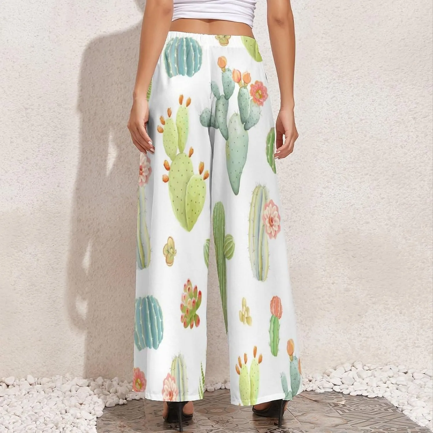 Women's Pants Elastic High Waisted Watercolor Cactus Flowers Palazzo Casual Wide Leg Dress Pants for Women