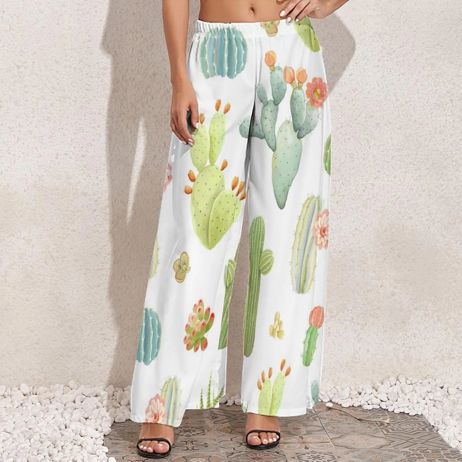 Women's Pants Elastic High Waisted Watercolor Cactus Flowers Palazzo Casual Wide Leg Dress Pants for Women