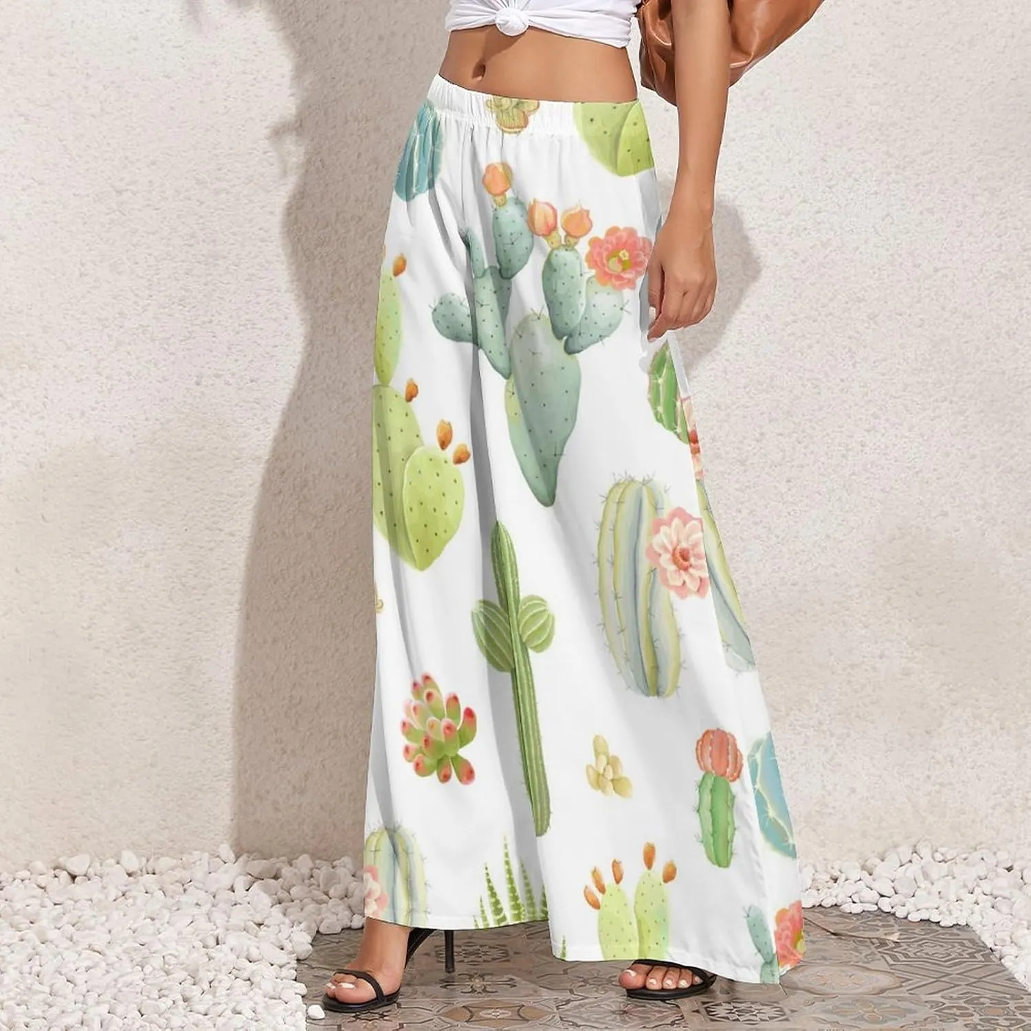 Women's Pants Elastic High Waisted Watercolor Cactus Flowers Palazzo Casual Wide Leg Dress Pants for Women