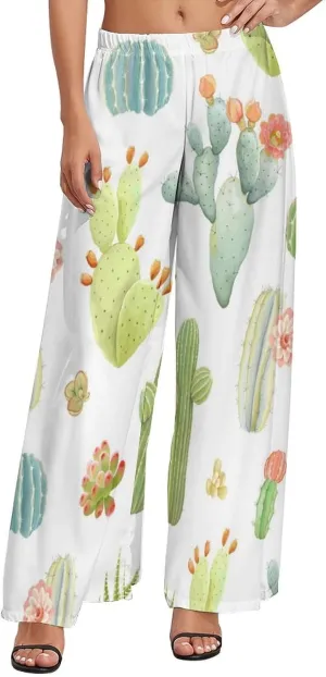 Women's Pants Elastic High Waisted Watercolor Cactus Flowers Palazzo Casual Wide Leg Dress Pants for Women