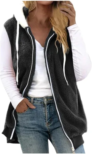 Women's Patchwork Fuzzy Jackets Cozy Fleece Plush Coats Loose Hooded Zip Up Hoodies Outerwear Zipper Sweatshirt