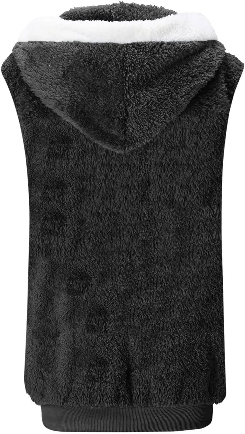 Women's Patchwork Fuzzy Jackets Cozy Fleece Plush Coats Loose Hooded Zip Up Hoodies Outerwear Zipper Sweatshirt